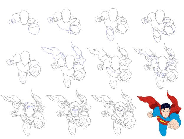 Süpermen savaşmak için uçuyor 5 çizimi